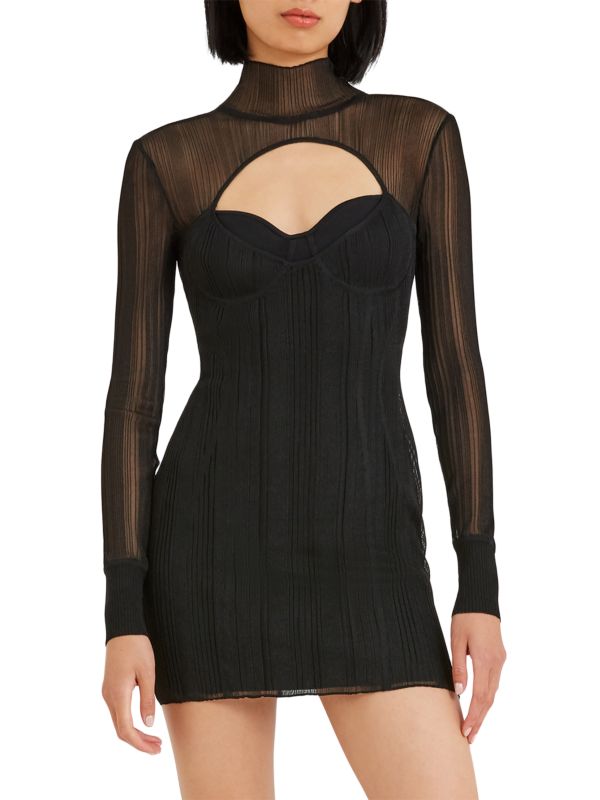 Herv Lger Semi-Sheer Ribbed Cutout Minidress